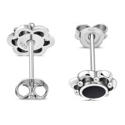 Large Black Onyx Flower Stud Silver Earrings, e334